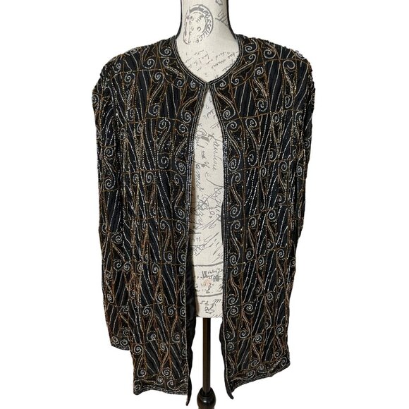 Valarie Stevens Evening black Gold & Silver Beaded Silk Cardigan Vintage 22 - Picture 1 of 15